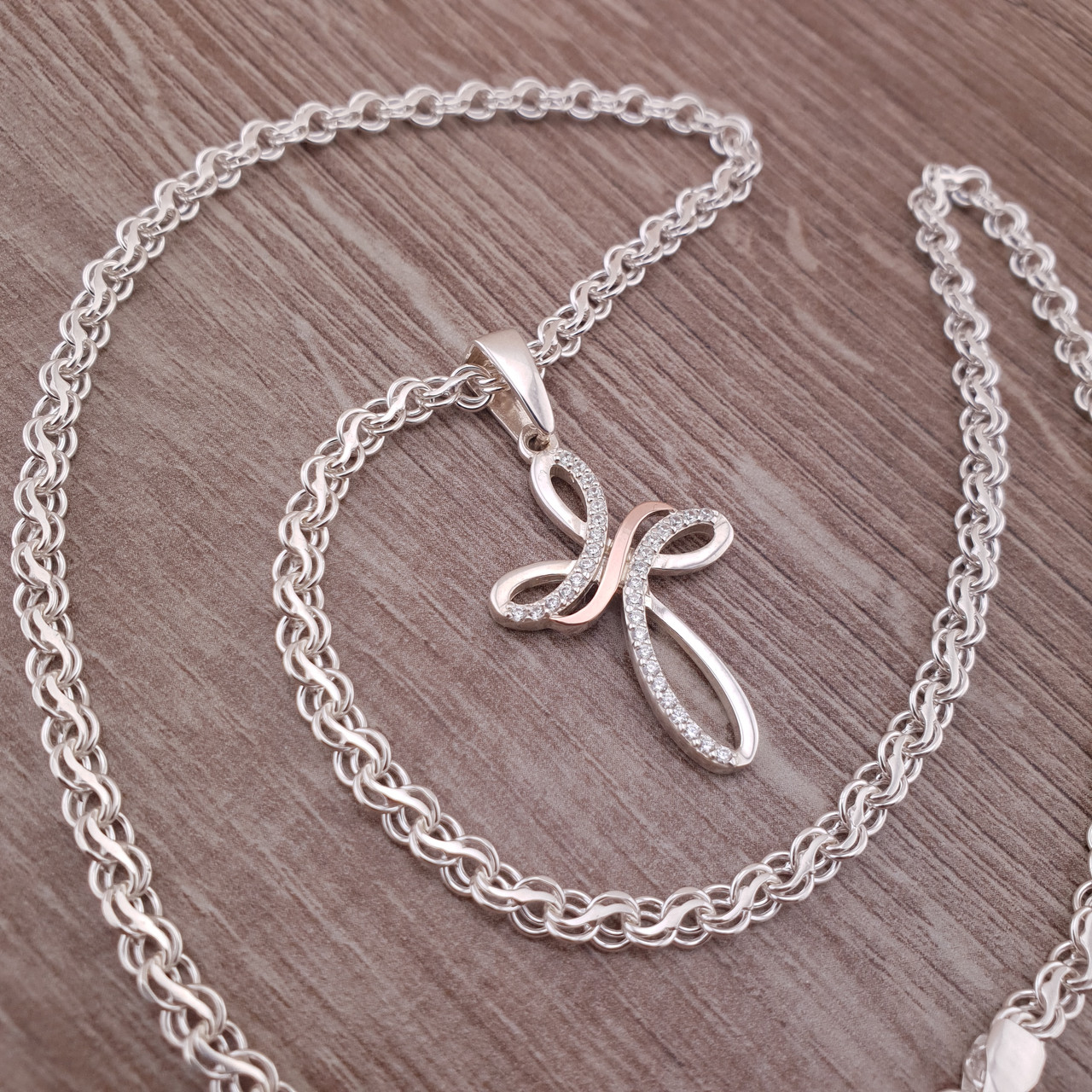 Срібна цепочка з хрестиком жіноча Струмочок. Срібний хрестик і ланцюжок Струмок. 50 см, фото 1