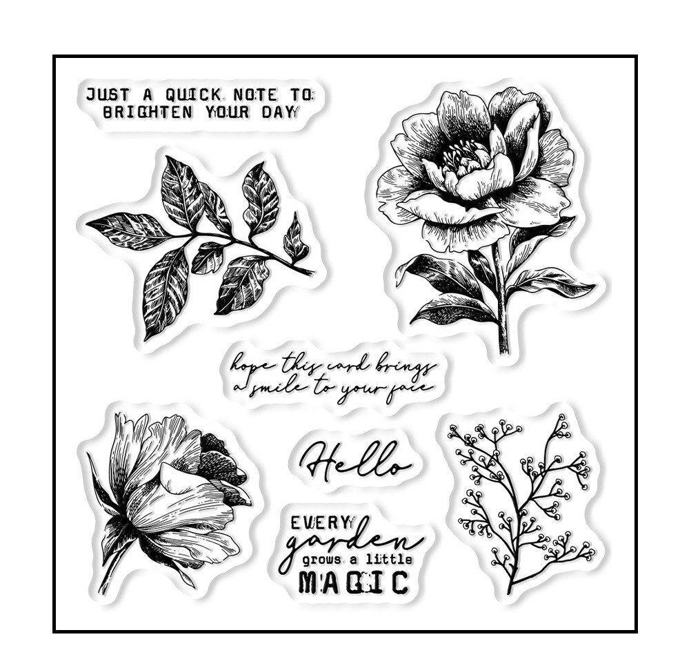 Набір силіконових штампів для скрапбукінгу Квіти і надписи CHT214, фото 1