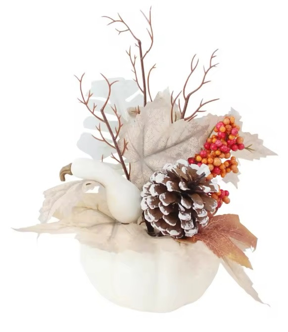 Осінній букетик зі штучним кленовим листям, шишкою, горобиною 13 см