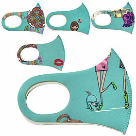 Дитяча багаторазова захисна маска-піта з неопрену бірюзового кольору з малюнками