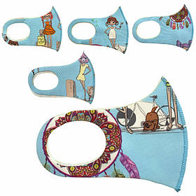 Дитяча багаторазова захисна маска-піта з неопрену блакитного кольору з малюнками