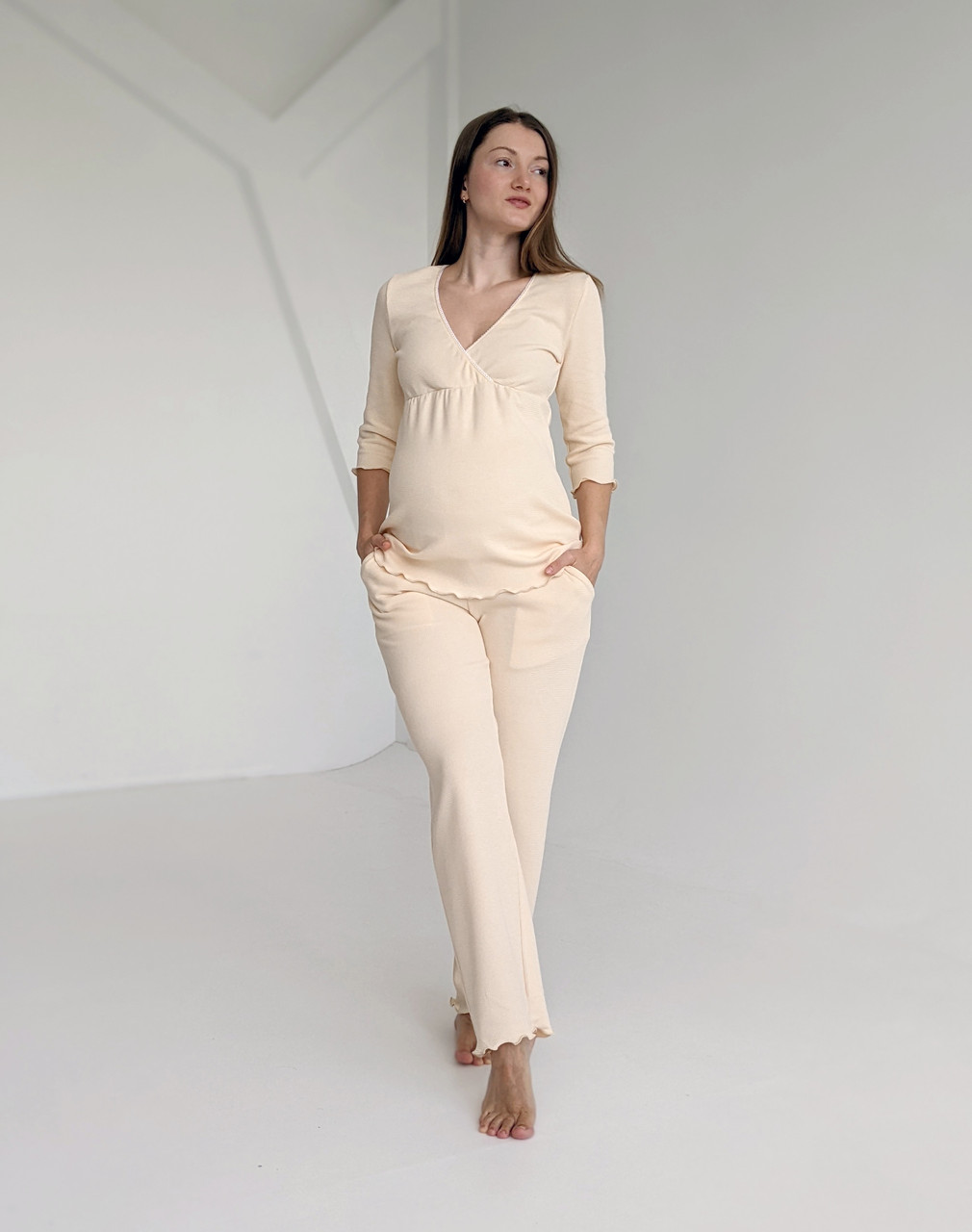 Піжама для вагітних зі штанами WAFFLE (ванільний), фото 1