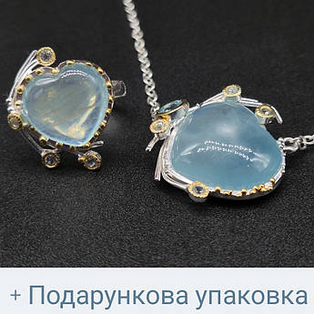 Комплект прикрас із природними аквамаринами та топазами, серце, подарунок коханій дівчині, жінці