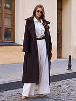 Темно-коричневое длинное прямое однобортное шерстяное пальто с поясом на пуговицах