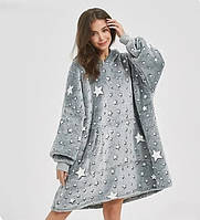 Плюшевый плед толстовка светящийся в темноте Stars Dream на подарок огромная кофта-плед с капюшоном и рукавами для квартиры