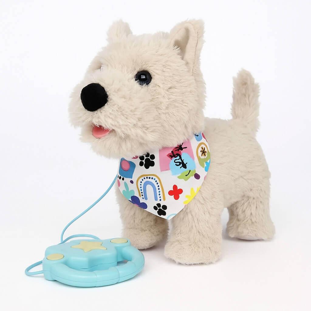 Інтерактивна собачка на повідку бежева M6218UA-1, що ходить, співає українською та «лиже», 28 см, фото 1