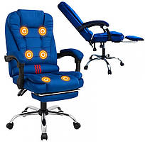 Офісне велюрове крісло з масажною подушкою та підніжкою BOSS KO22VEL PREMIUM Синє комп'ютерне крісло