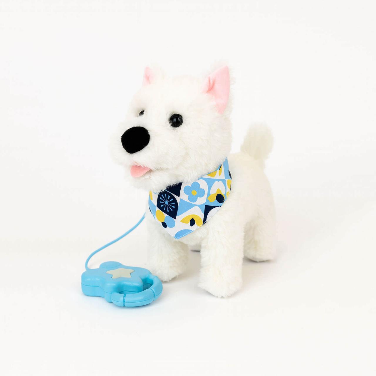 Інтерактивна собачка біла на повідку M6218UA-2, що ходить, співає українською та «лиже», 28 см, фото 1