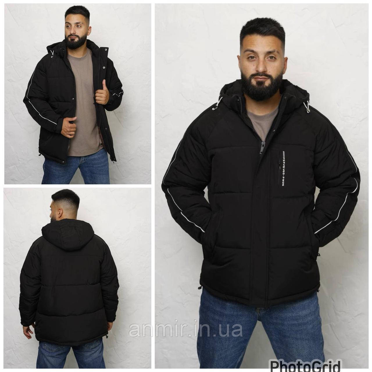 Чоловіча зимова куртка пряма стьобана з капюшоном BIHOR норма 46-56, колір чорний