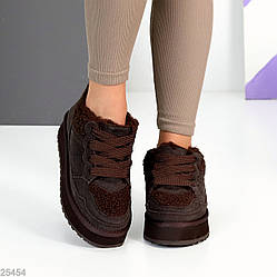 Теплі спортивні замшеві уггі тедді на шнурівці колір Шоколад