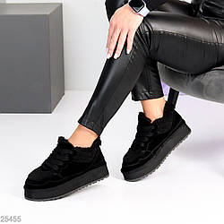 Теплі спортивні чорні замшеві уггі тедді на шнурівці