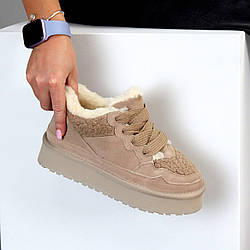 Теплі спортивні замшеві бежеві уги тедді на шнурівці 40