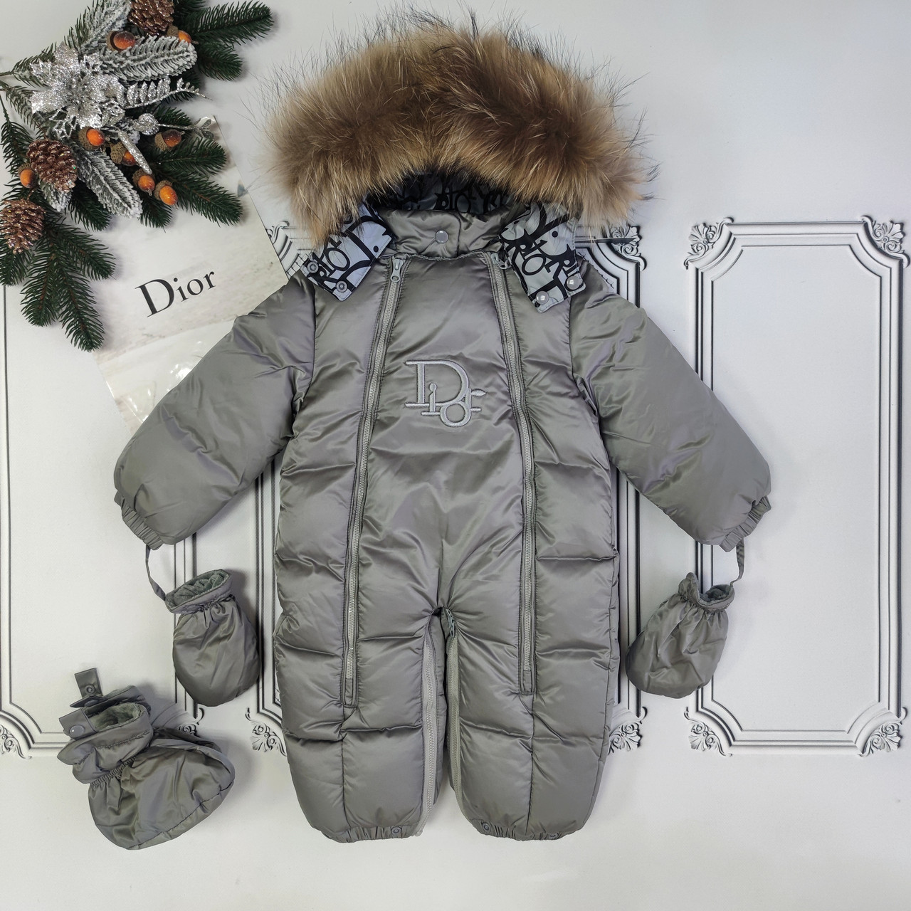 Зимовий суцільний комбінезон трансформер Діор для новонароджених, сірий
