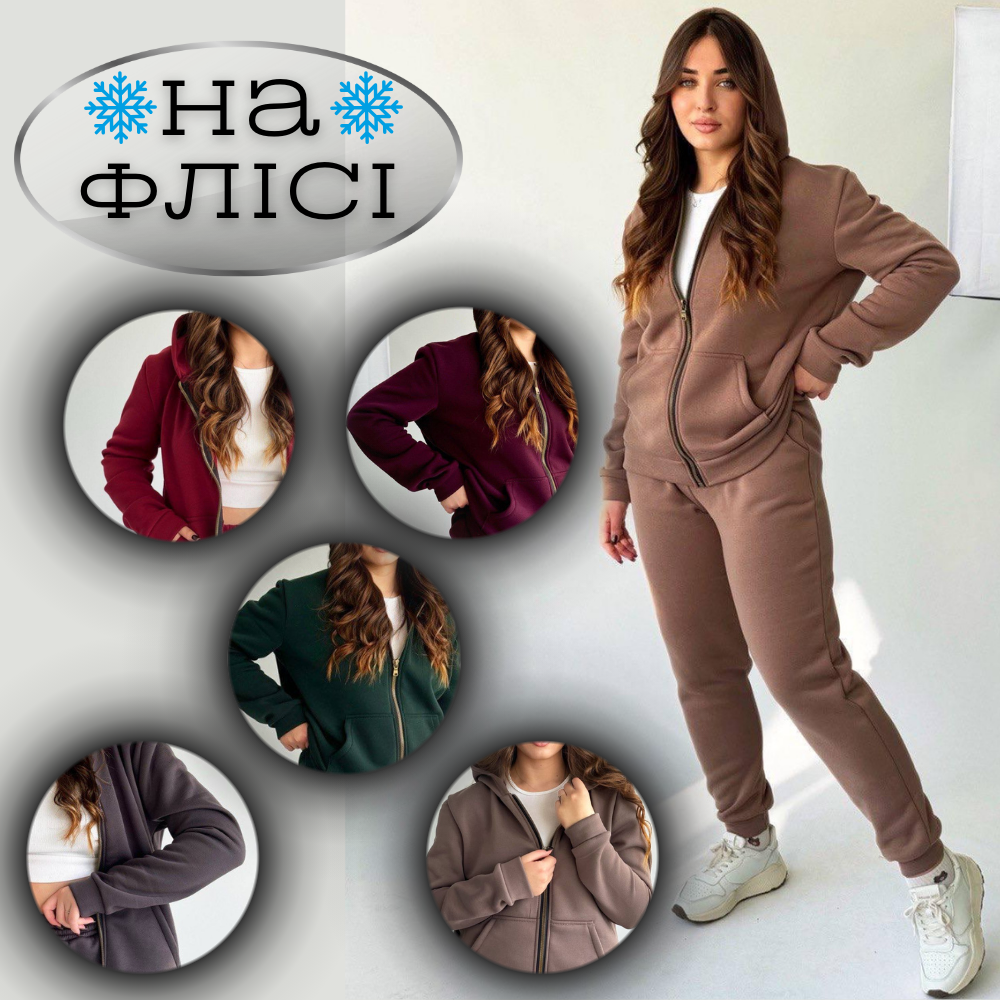 Теплий костюм тринітка зимовий жіночий на флісі прогулянковий спортивний костюм з однотонним капюшоном - фото 1 - id-p2763500051