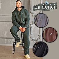 Зимовий чоловічий флісовий костюм тринитка на блискавці з капюшоном однотонний прогулянковий утеплюючий костюм