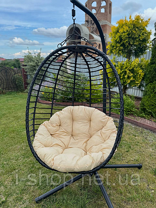 Підвісне садове крісло гойдалка (кокон/сріб) SAN VITO з м'якою бежевою подушкою, Чорний, фото 1