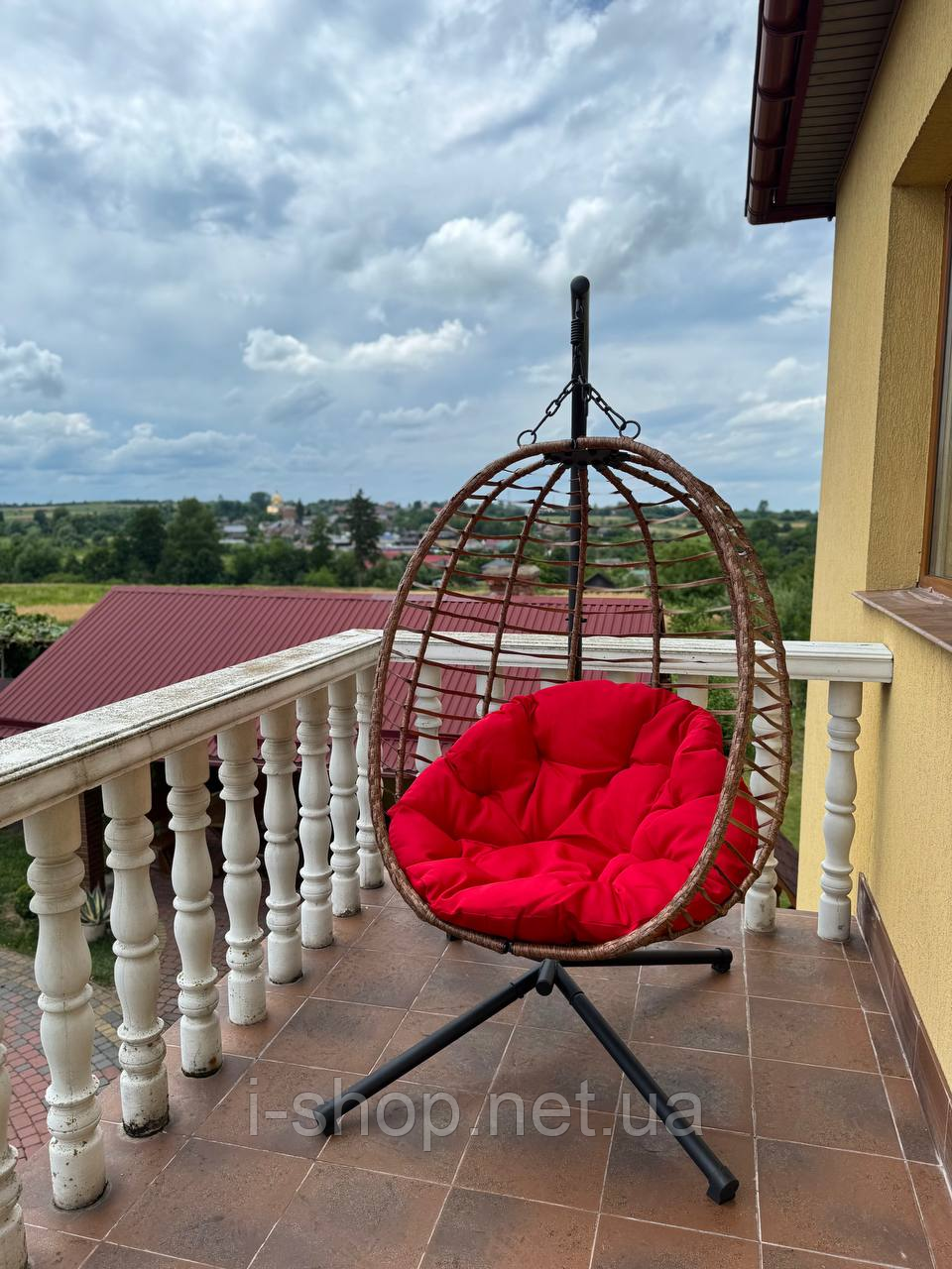 Підвісне садове крісло гойдалка (кокон/сріб) SAN VITO з м'якою червоною подушкою, Коричневий