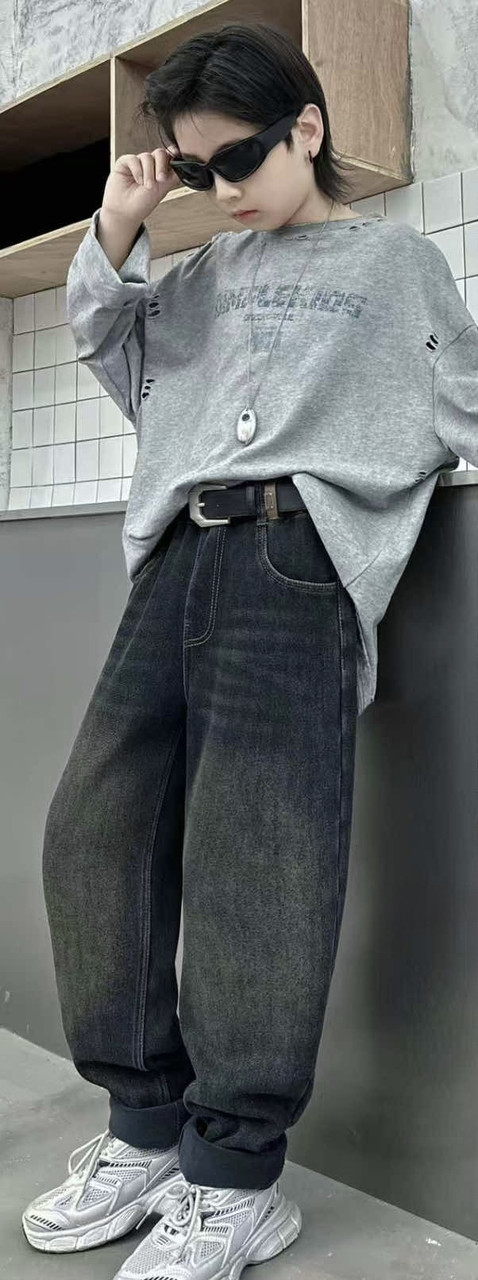 Джинси LNYB MOM теплі на флісі для хлопчика 9–13 років — широкі, зимові,Темно-синій 158, фото 1