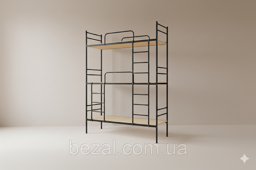 Ліжко металеве 3 ярусне армійське 2000х800х2500мм Чорне Kompred OL904/1 основа спального місця - фанера, фото 1