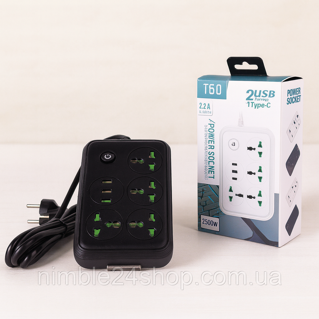 Сітковий фільтр Підовжувач з USB Т-60 (4×220В+2×USB+1×Type-C), , Чорний 2m