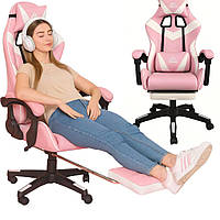 Геймерське рожеве крісло з масажною подушкою та підставкою для ніг EC GAMING