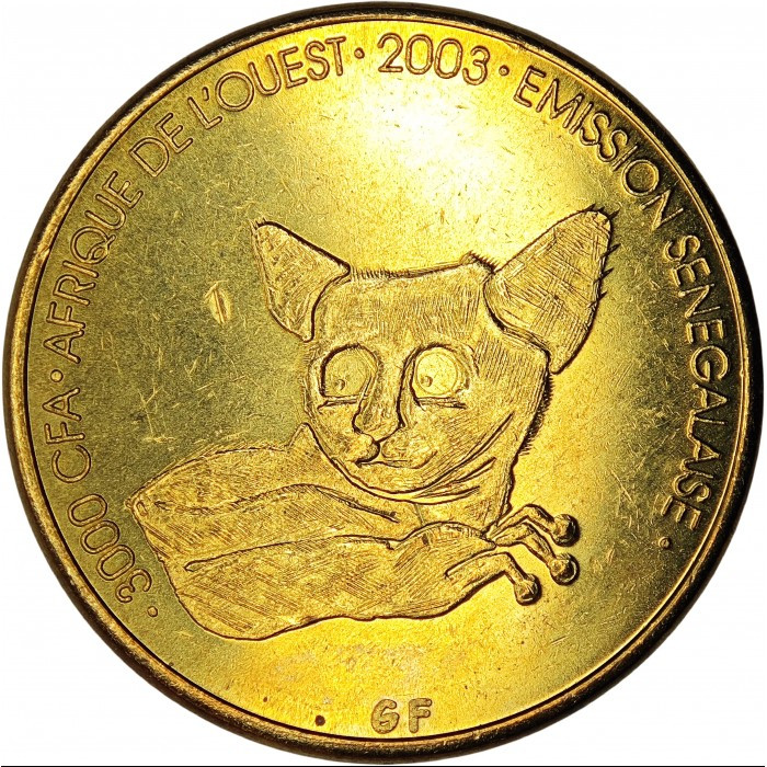 Сенегал › Західноафриканський франк 3000 франків, 2003 Галаго Бронза, 10g, ø 27.5mm №1889, фото 1