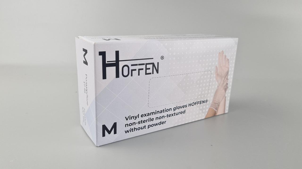 Рукавички Вініл прозорі (100 шт.) розмір M "HOFFEN" (1 пачка), фото 1