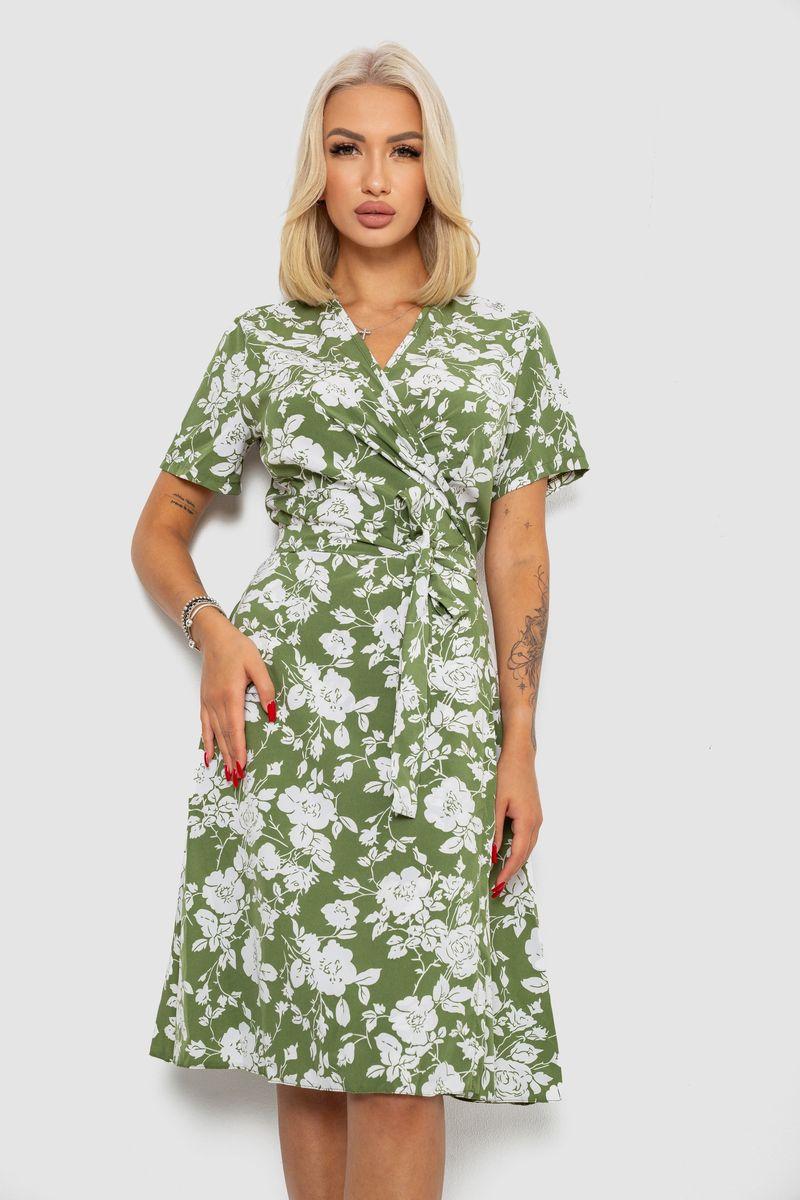 Плаття софт на запах із принтом, колір оливковий, 230R0107, фото 1