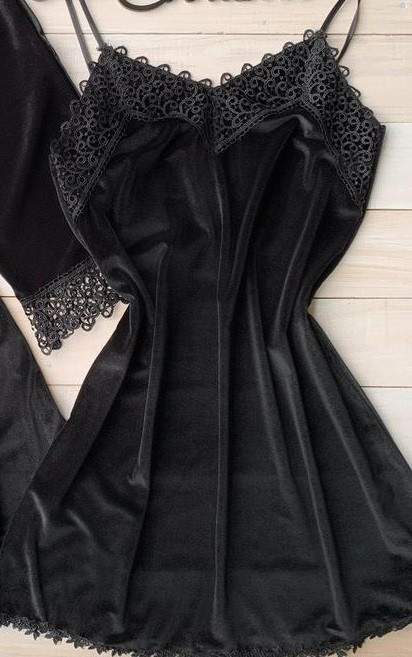 Комбінація оксамитова жіноча сорочка на тонких бретельках з мереживом чорна S, фото 1