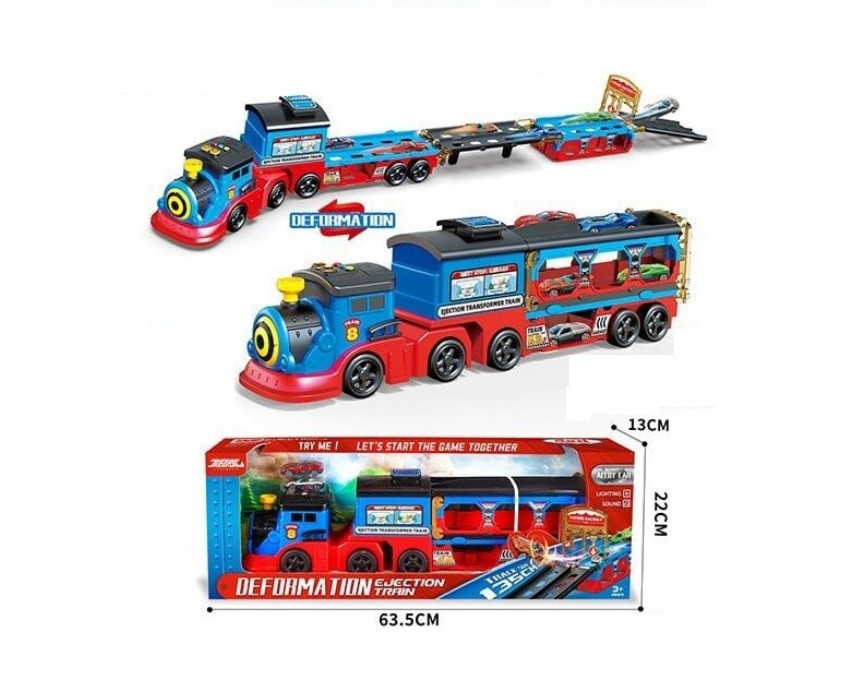 Потяг звуки, мелодії, підсвічування, трек, 2 металопластикові машинки, 2 механічні запускачі, на батарейках, в кор. /12/, фото 1