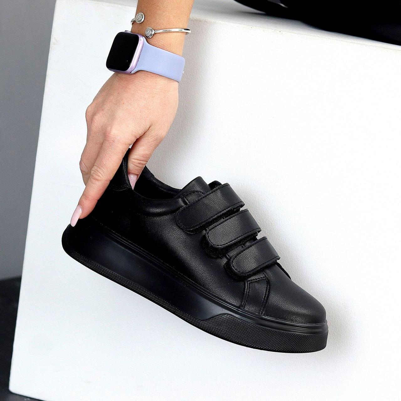 Універсальні чорні кеди на липучках натуральна шкіра на потовщеній підошві, фото 1