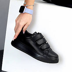 Універсальні чорні кеди на липучках натуральна шкіра на потовщеній підошві