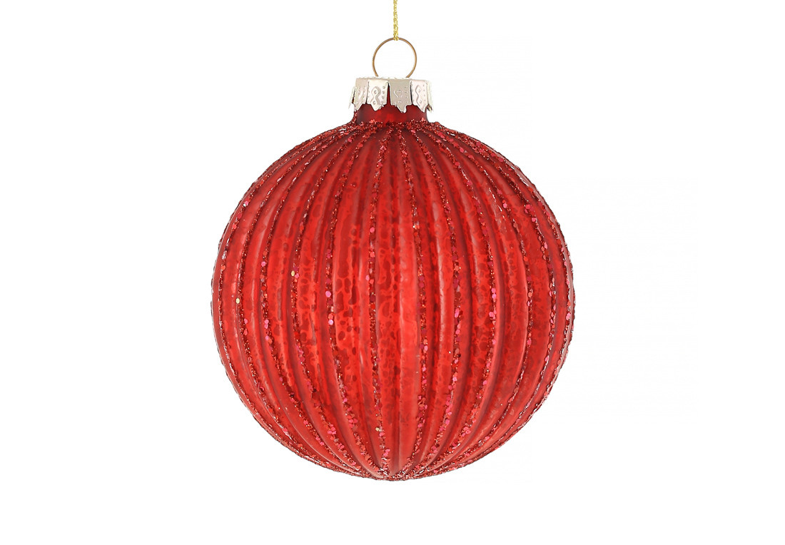 Ялинкова прикраса скляна куля червоний антик з глітером 8 см, фото 1