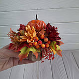 Осіння композиція з жовтогарячого гарбуза, гергінами та ягодами., фото 7