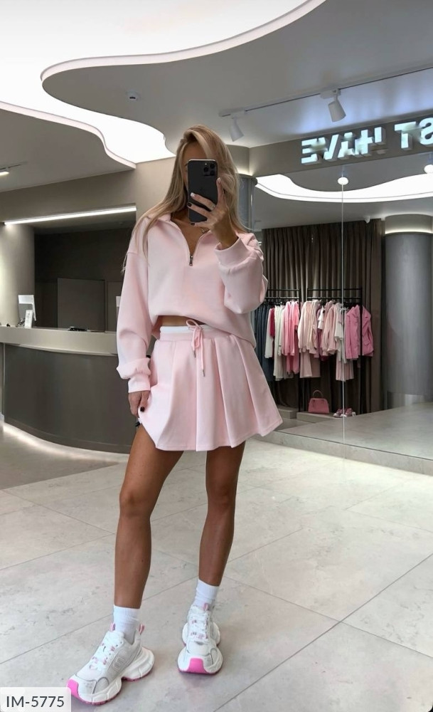 Костюм прогулянковий жіночий молодіжний спідничний стильний із двонитки на осінь кофта та коротка спідниця в складку