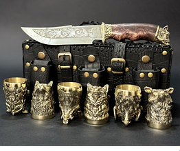 Набір 6 бронзових чарок перевертарів та мисливський ніж "Похідна душа" в подарунковій шкіряній сумці ручна робота