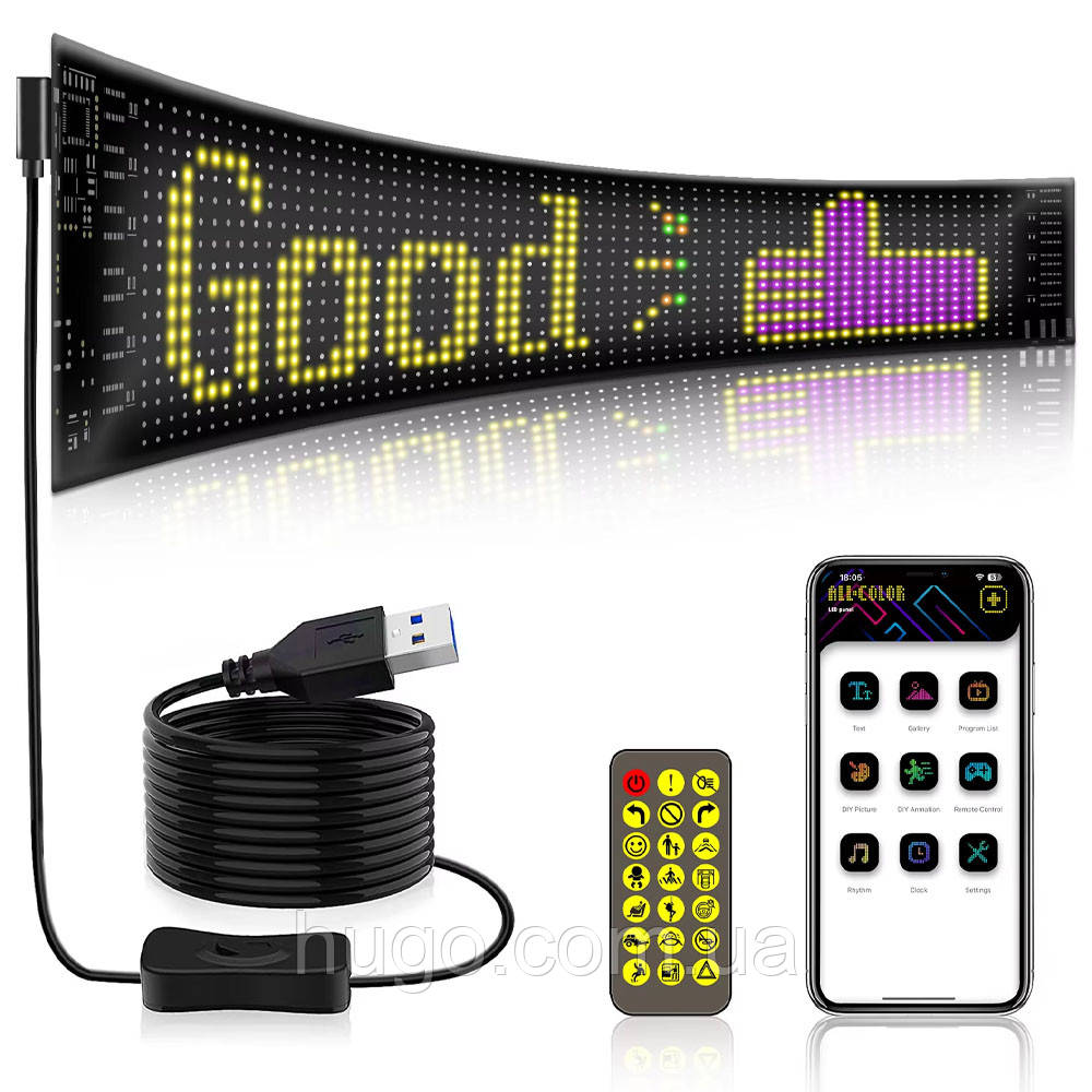 Гнучка LED панель 120x595мм, з WiFi, RGB, з пультом ДУ / Гнучкий екран для авто / Світлодіодна LED-табличка, фото 1