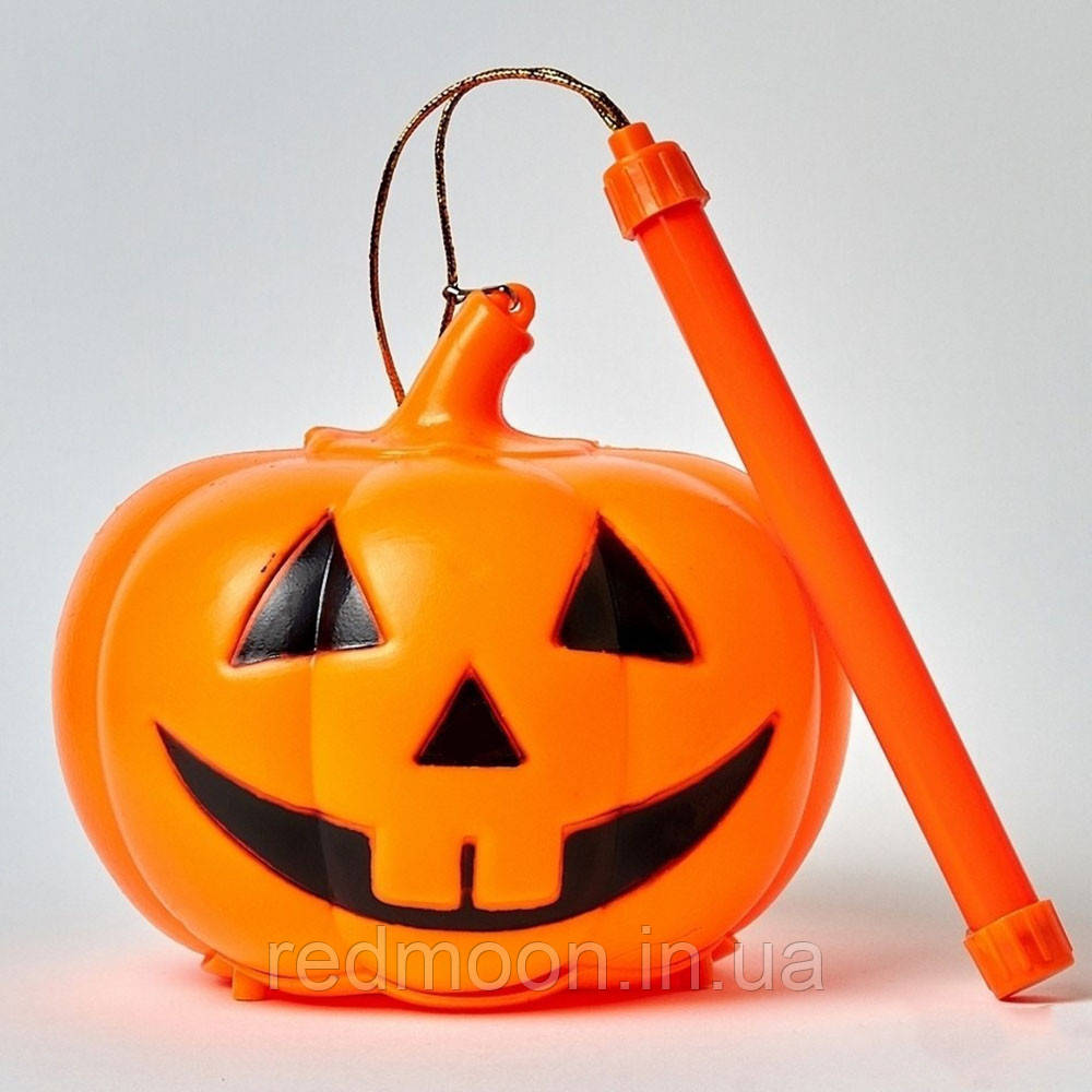 Декорація на хелловін Гарбуз c LED-підсвічуванням, 15см, від батарейок 3хАА / Декоративний гарбуз з ручкою, фото 1