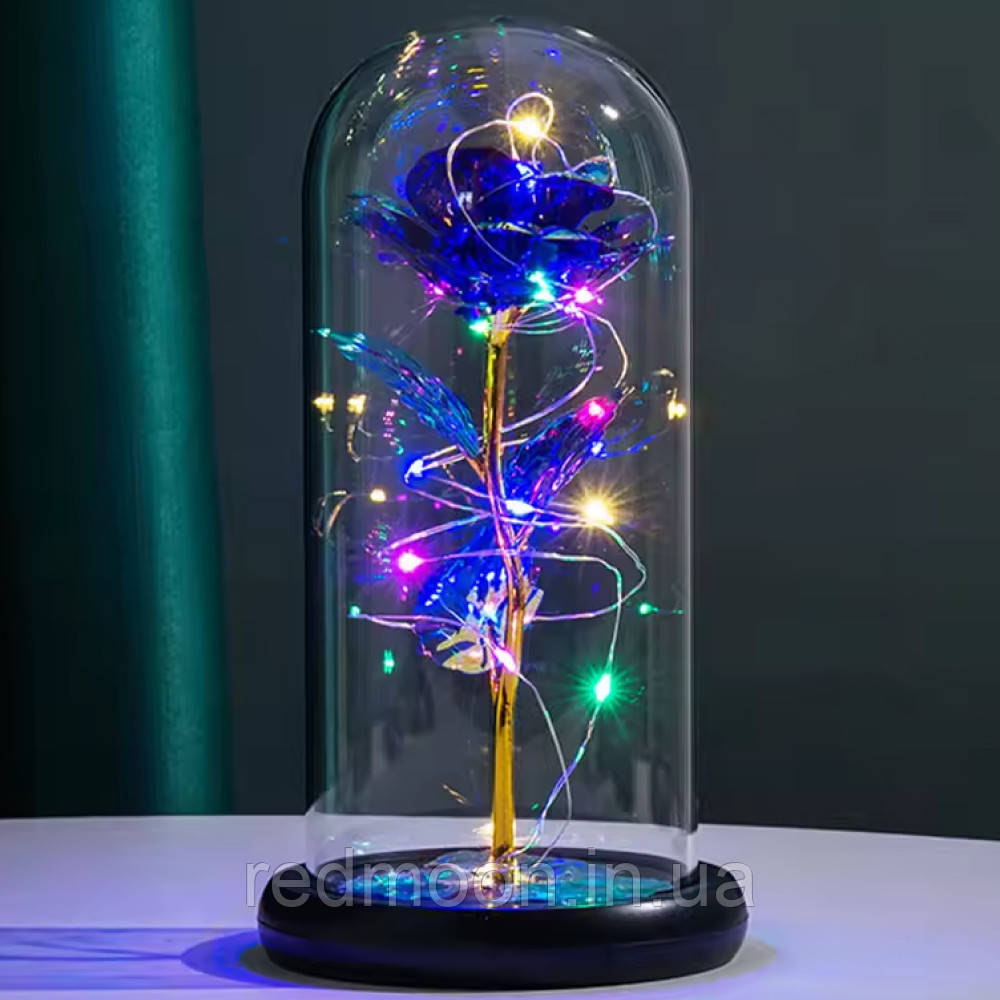 Троянда в колбі з LED підсвічуванням, на батарейках, 15х8.5см, Синій / Вічна троянда / Квітка в колбі, фото 1