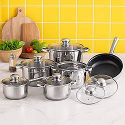 Набір посуду 13 предметів: каструлі, сковорода, KV-1002 / Набір кухонного посуду / Каструлі з нержавіючої сталі
