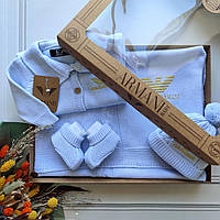 В’язаний набір на виписку, комплект для новонароджених Armani. Блакитний