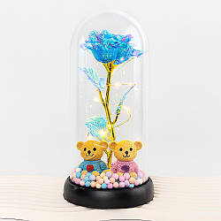 Вічна троянда в колбі з ведмежатами та підсвічуванням, на батарейках, 18см / Квітка в колбі