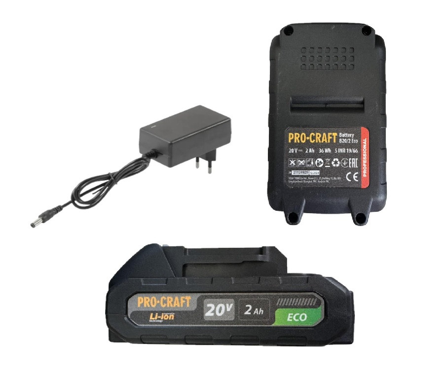 Комплект 3в1 Акумулятори Procraft ECO 2шт 20/2 (Li-Ion) та штекерний зарядний пристрій 20В/1А, фото 1