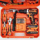 Акумуляторний шурупокрут із набором інструментів 2 акумулятори бездротовий дриль жовтогарячий, фото 6