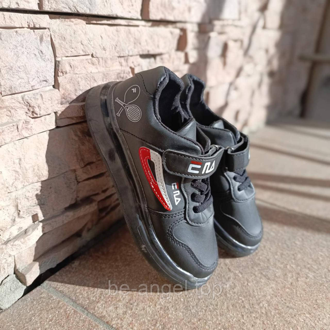 Кросівки дитячі на липучці з LED підсвічуванням, колір чорний, фото 1