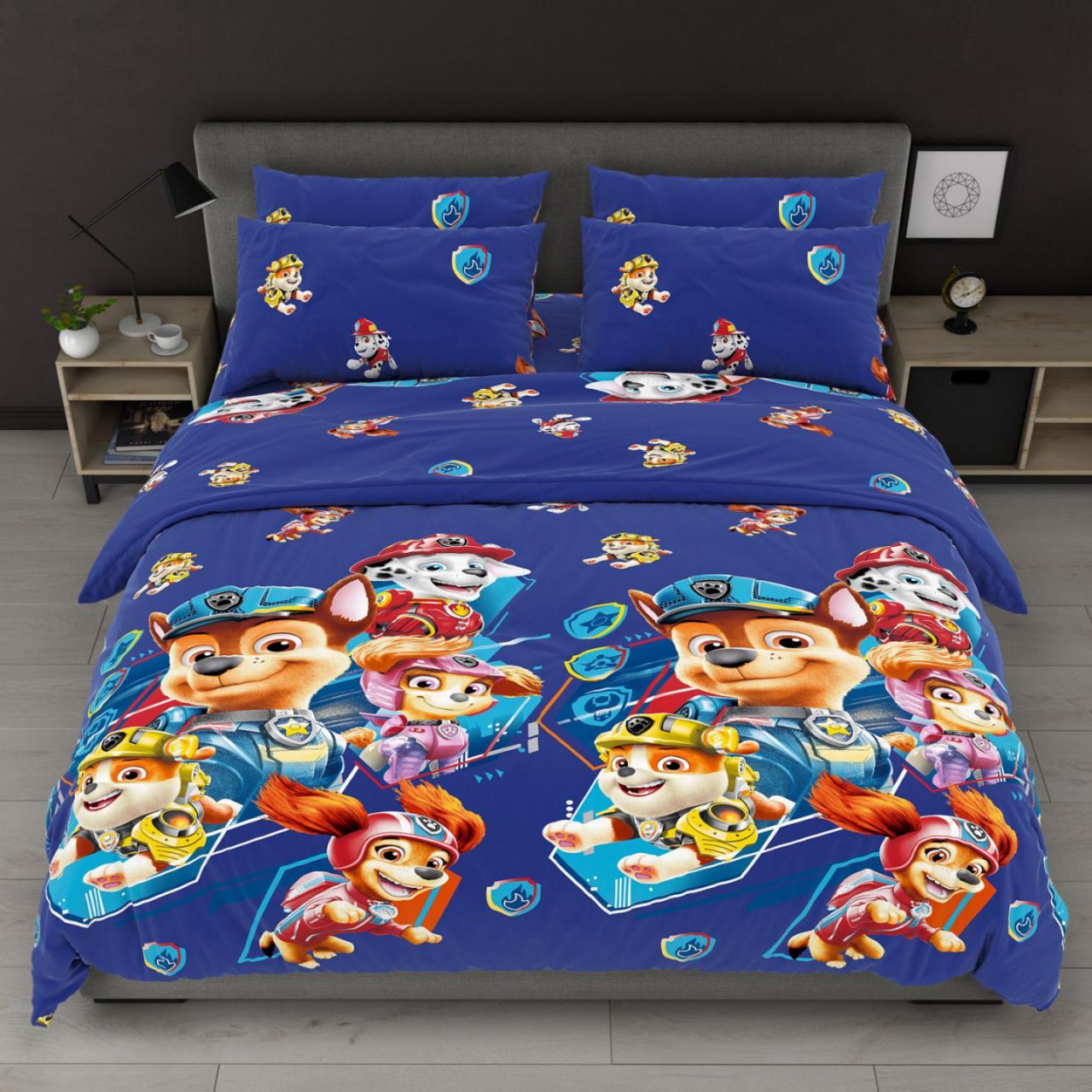 Простирадло 150х220 (Бязь) | Полуторне простирадло від виробника "Королева Ночі" | Щенячий патруль на синьому, фото 1