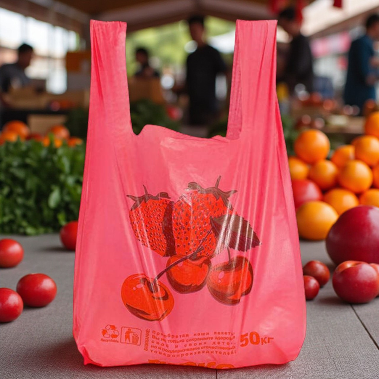 Пакети типу майка з малюнком 30x55 см 50 шт пакет Майка з ручками полуниця, фото 1