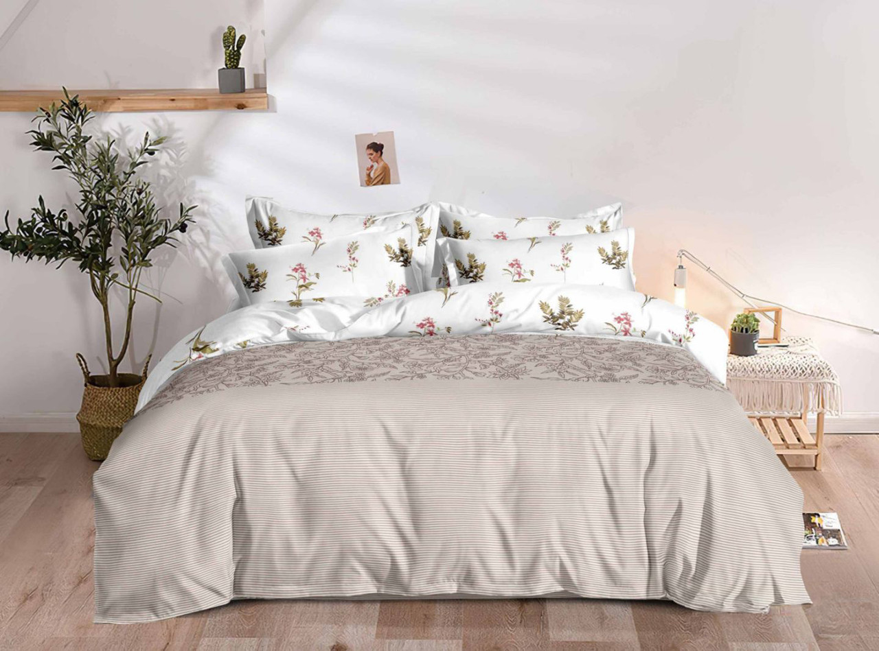 Постільна білизна Королева Ночі (Фланель) | Полуторний комплект | 50х70 | Смуги на бежевому з квітами, фото 1