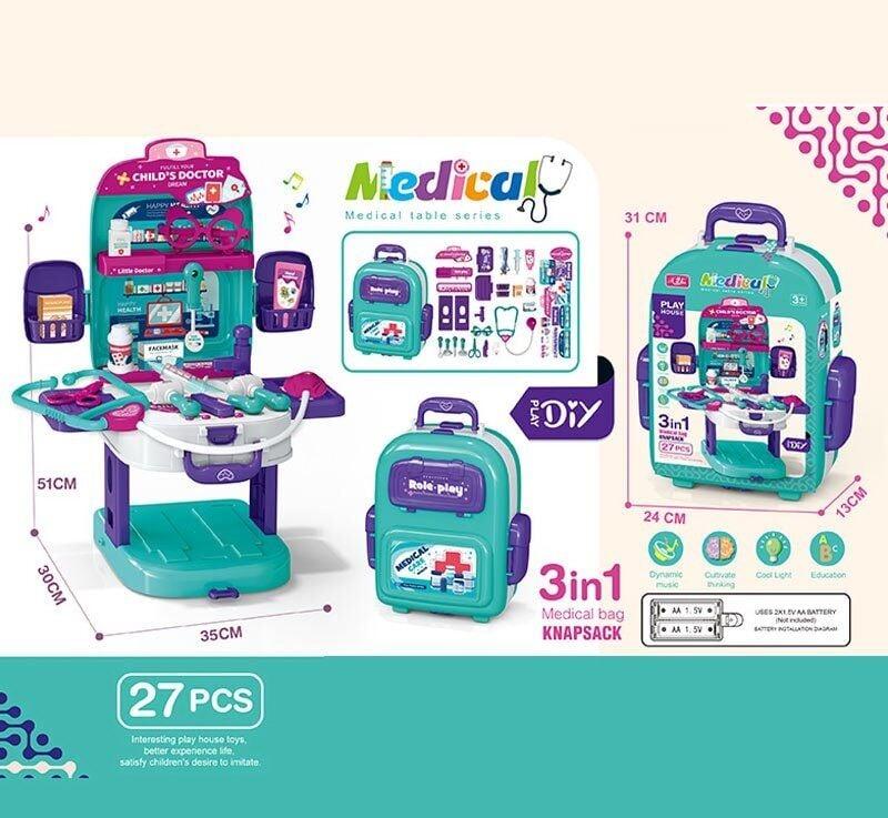 Набір лікаря T 2158-1 (24/2) медичний столик, озвуч. англійською мовою, набір інструментів, стетоскоп, термометр, шприц, ножиці,