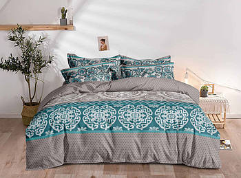 Постільна білизна Королева Ночі (Фланель) | Полуторний комплект | 50х70 | Орнамент на сірому та бірюзовому